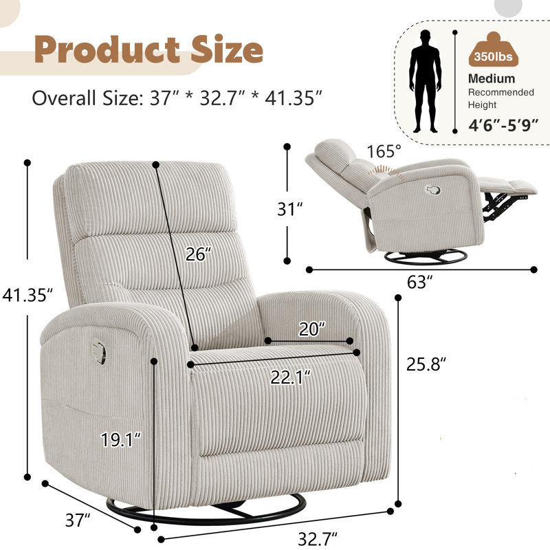 Fauteuil inclinable et oscillant moderne (ensemble de 2), Velours côtelé chameau