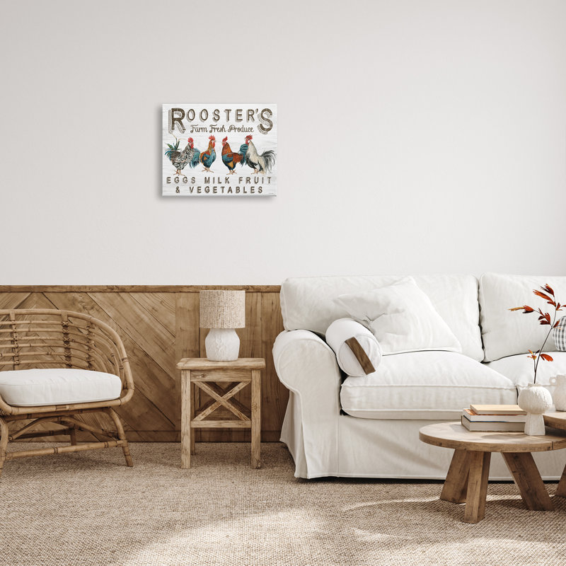 «Rustic Roosters Farm Fresh Produce Floater» par Cindy Jacobs, H 16 po x l 20 po x P 1,5 po, Toile tendue