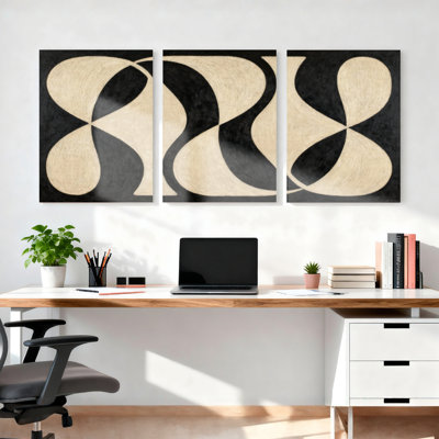 Motif géométrique abstrait noir et beige, ensemble de 3 reproductions d'art sur toile tendue sur toile