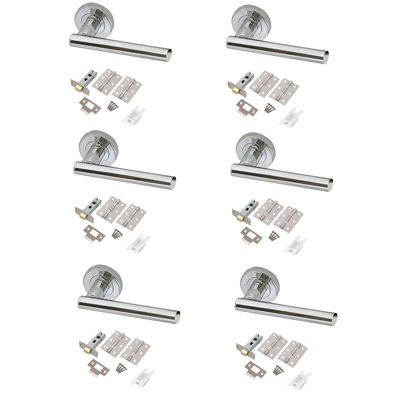 6 Sets T-Bar Door Handles on Round Rose in Polished Chrome with Hinges and Tubular Latch