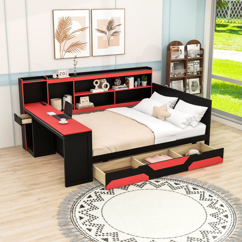 Wood Daybed with Desk and Drawers,Shelves, Queen, Black/Red