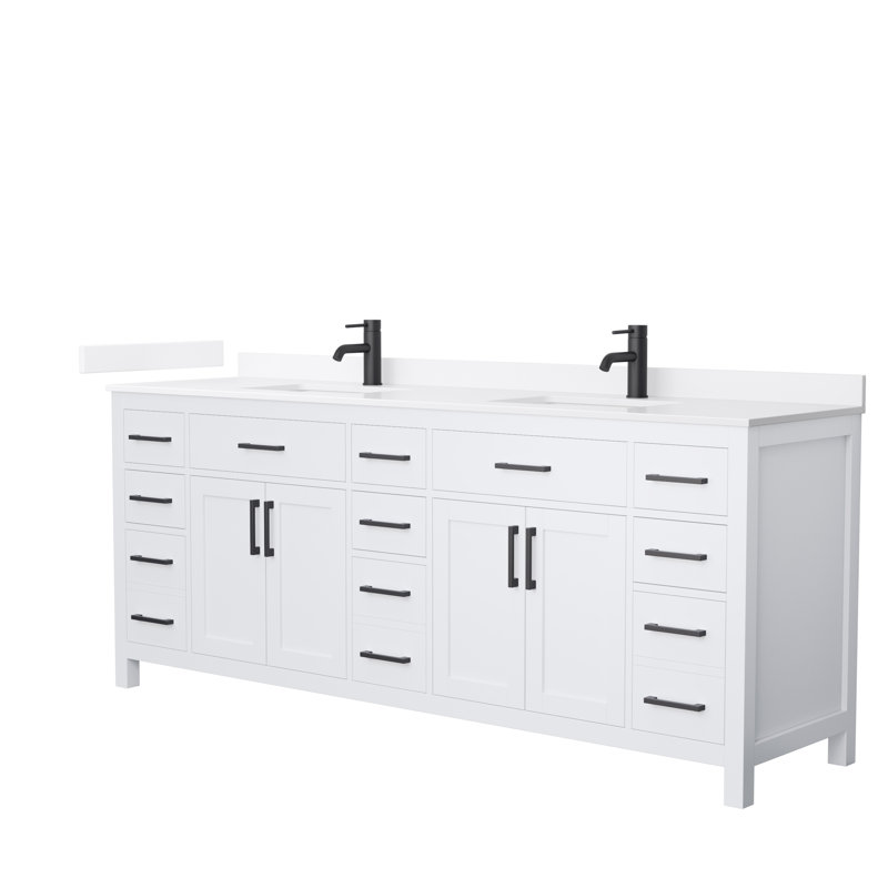 Meuble-lavabo double autoportant 84 po avec plateau en quartz Beckett, Blanc, Noir mat, Quartz blanc