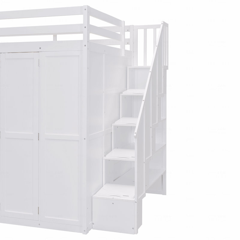 Structure de lit mezzanine pleine grandeur avec rangement pour garde-robe intégré, bureau et tablettes, finition blanche