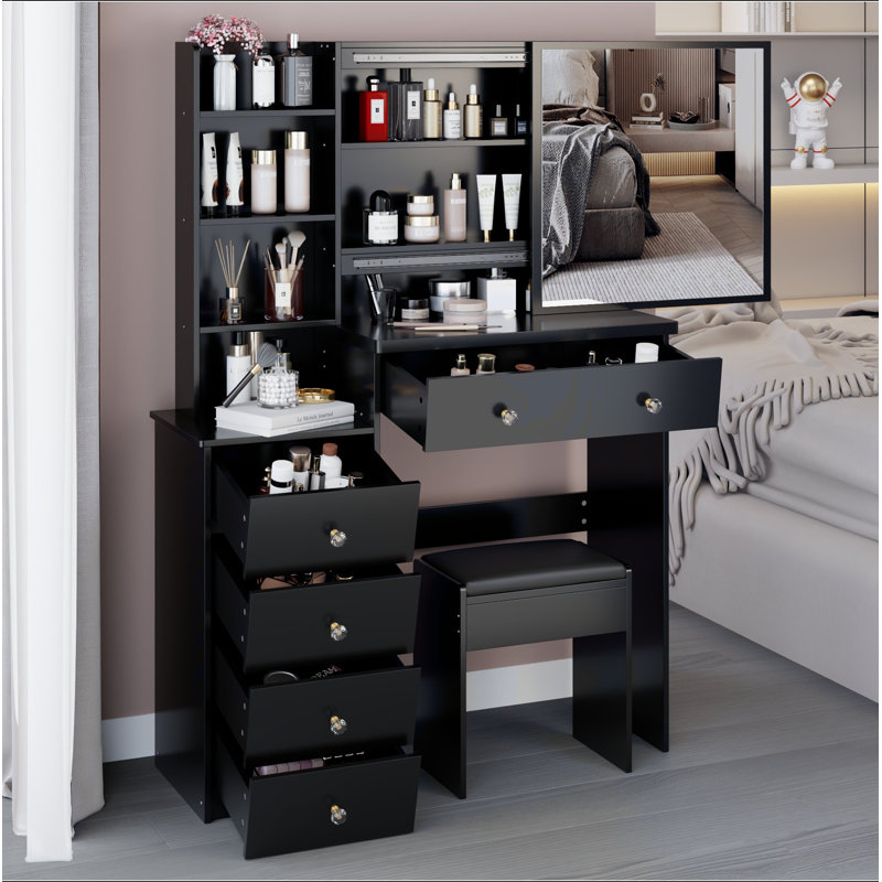 Meuble-lavabo de 37 po avec tabouret de taille moyenne 37 po + tabouret rembourré, très grand miroir coulissant à droite, rangement multi-couches à grande capacité, commode pratique et pratique, convient aux espaces moyens