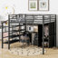 Lit mezzanine en métal avec ensemble de table et garde-robe, double, noir