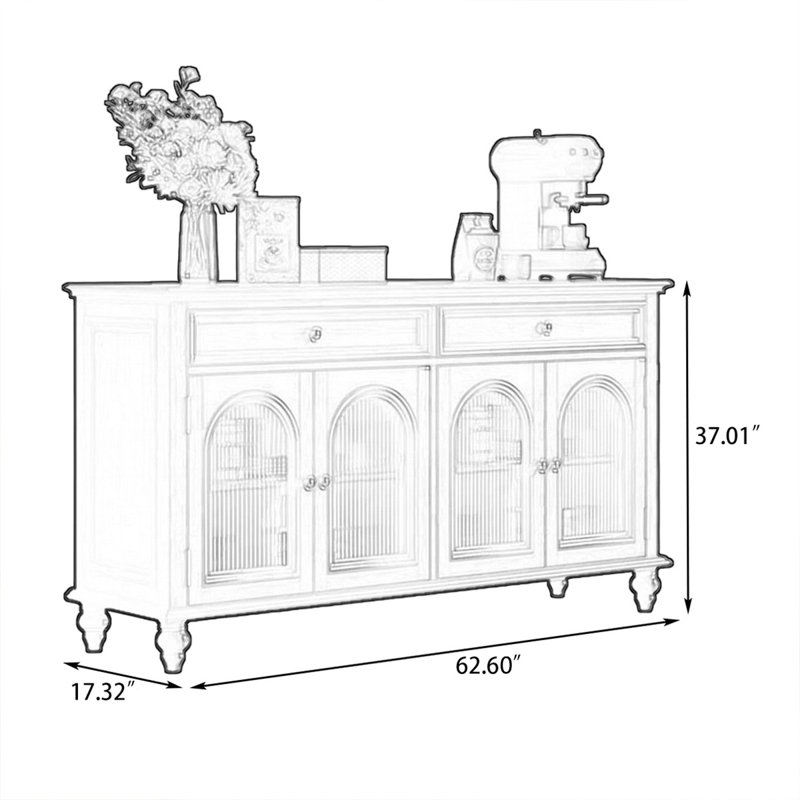 Buffet en noyer massif et bois manufacturé, H 37,01 po x l 62,6 po x P 17,32 po