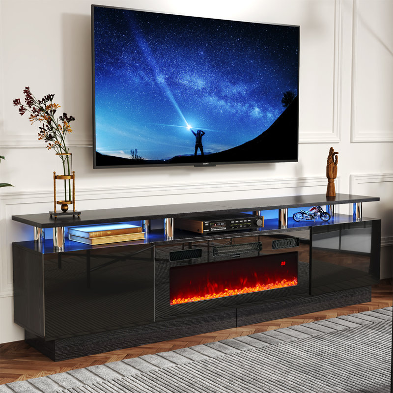 80" Media Console For TVs Up To 90" With Electric Fireplace, Large TV Stand with Led Light, Black