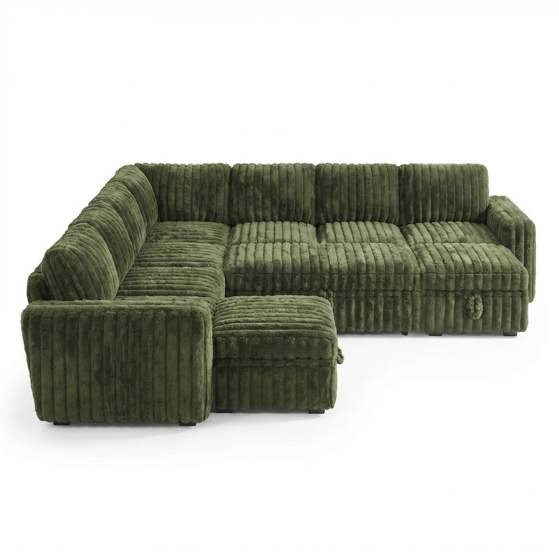 Canapé-lit modulaire rembourré avec rangement en fausse fourrure vert, Green Faux Fur
