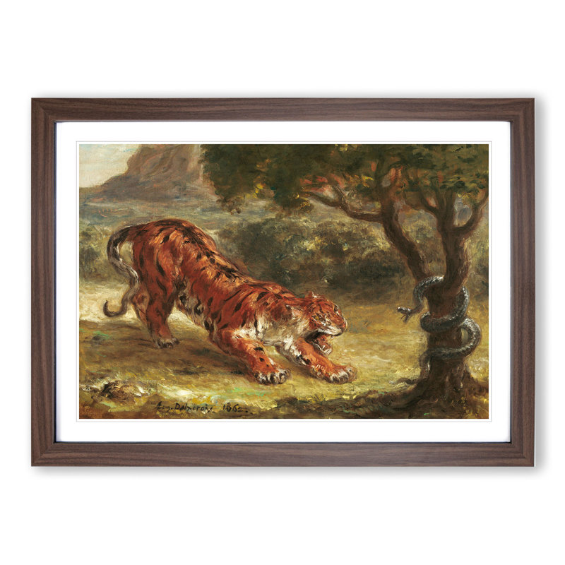 Tiger and Snake by Eugene Delacroix - Picture Frame Painting on MDF, Walnut, 27cm H x 36cm W x 2cm D