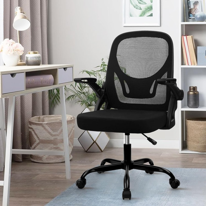  Office Chair with Wheels, Ergonomic Flip Up Arms Mesh Back Desk Chairs with Lumbar Support, Adjustable Height Swivel Rolling Computer Task Chair for Conference Room Home School Study, Black