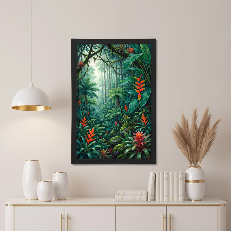 Art mural sur toile dense forêt tropicale avec fleurs orange et fougères vertes, H 24 po x l 16 po