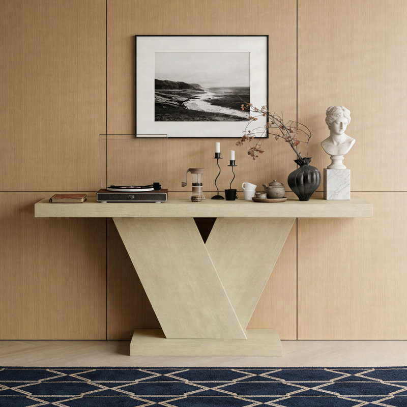 66" Modern X-Leg Console Table With Solid Wood Veneer, Narrow Mid-Century Entryway & Sofa Table, Imitative Oak