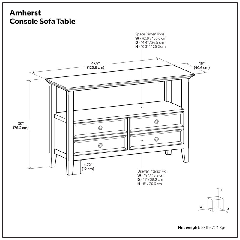 Amherst 48"W Solid Wood Transitional Sofa Table with 2 Deep Drawers and Large Open Shelf, Hickory Brown