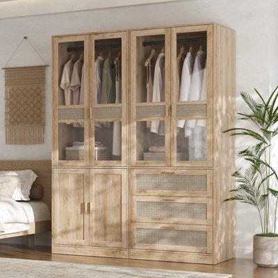 Armoire-penderie 2 pièces 79,1 "x l 63" Farmhouse avec décorations en rotin, portes et tiroirs en verre