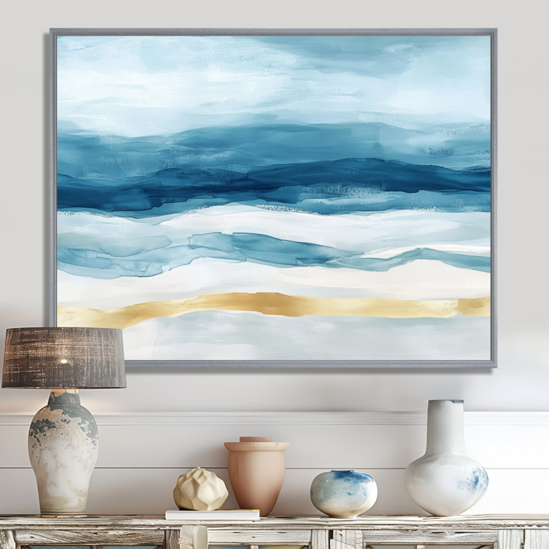 Tropical Wave Wall Art, Blue Gold Ocean Canvas, Blue Tropical Beach Ripples, Encadrement argenté, H 12 po x l 20 po