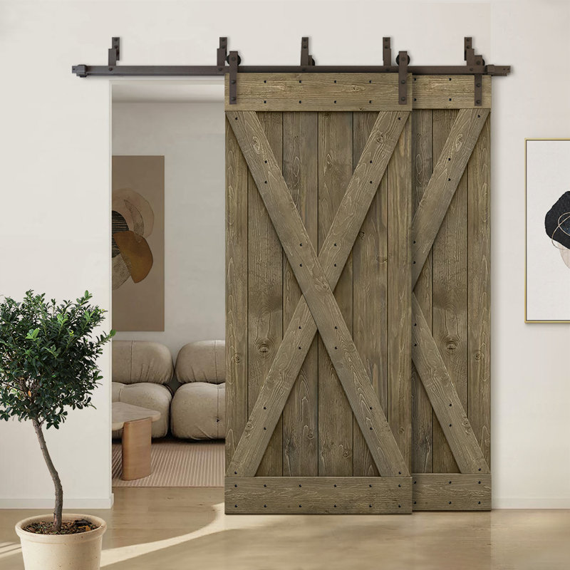 Porte de grange double à panneaux en bois teinté à panneau avec ensemble de quincaillerie coulissante, 84 po x 84 po