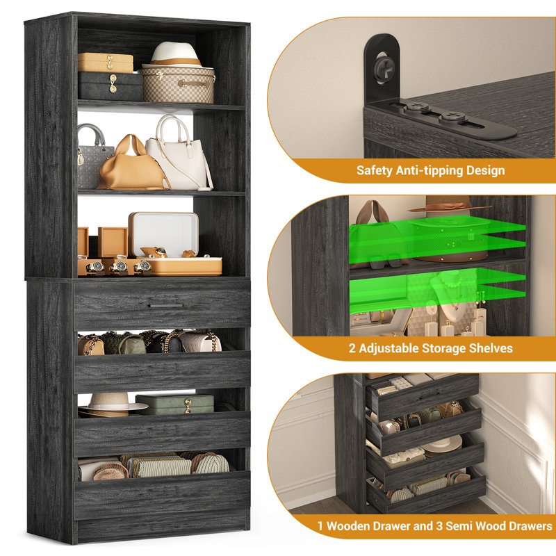 Rushville Closet System with 4 Drawer, 80" Tall Freestanding Wardrobe System, Gray Oak