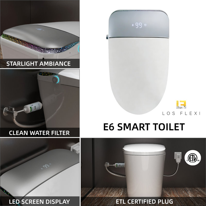 Los Flexi Smart Toilet with Bidet, Built-In Water Tank, Battery Backup Flush, Foot Kick Flush, Side Panel Control & Remote, ETL Plug