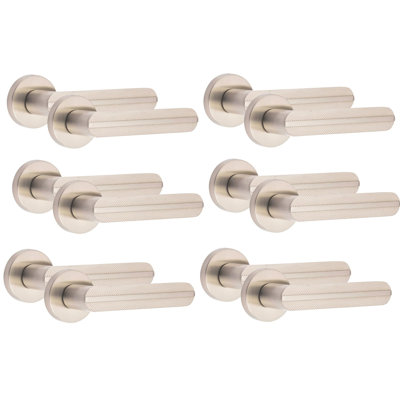 6 Pairs Modern Lima Knurled Design Premium Door Handles on Round Rose in Antique Brass
