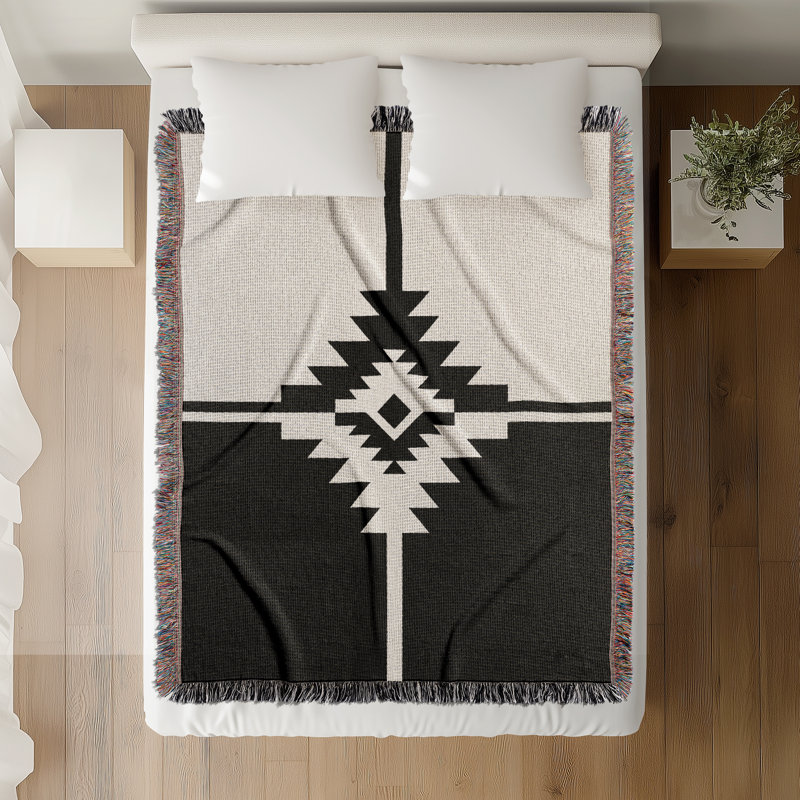 Couverture en mélange de coton Asko South Western, Noir/Blanc cassé, L 60 po x l 50 po