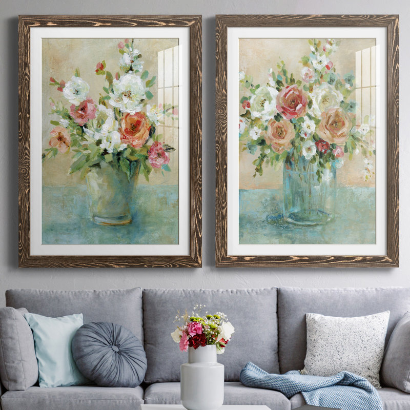 " Sun Drenched Bouquet " 2 - Pieces, 31.5" H x 47" W x 1.5" D, Walnut Framed Paper, White