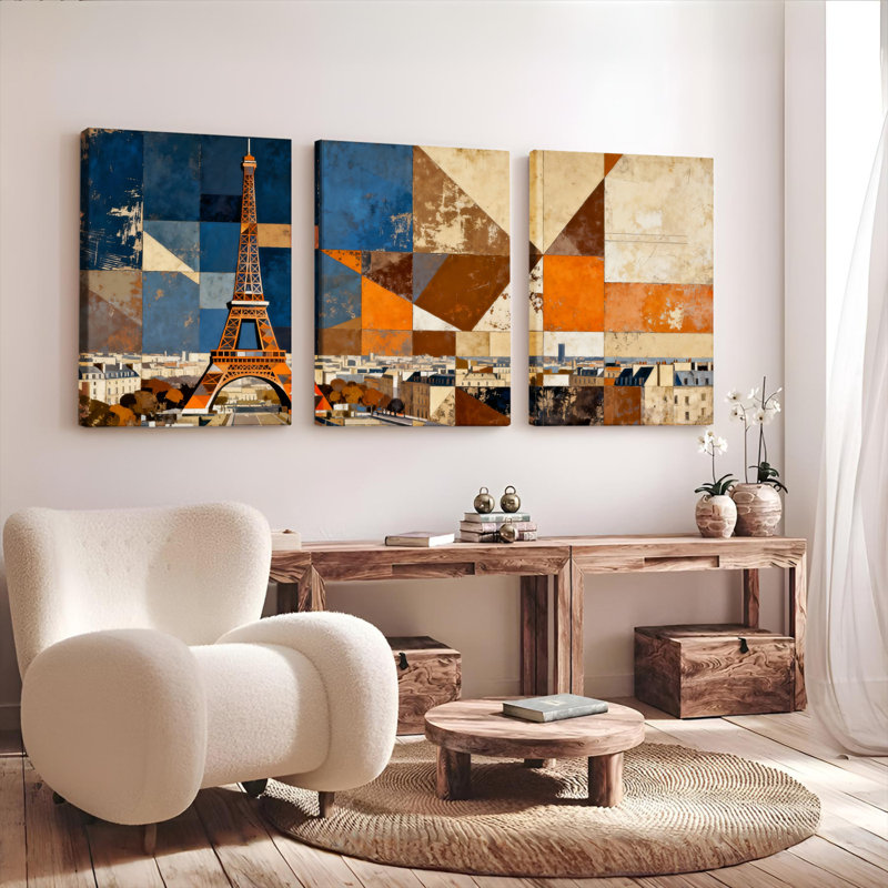 Tableau abstrait géométrique Tour Eiffel sur toile tendue (lot de 3), H 24 po x l 48 po