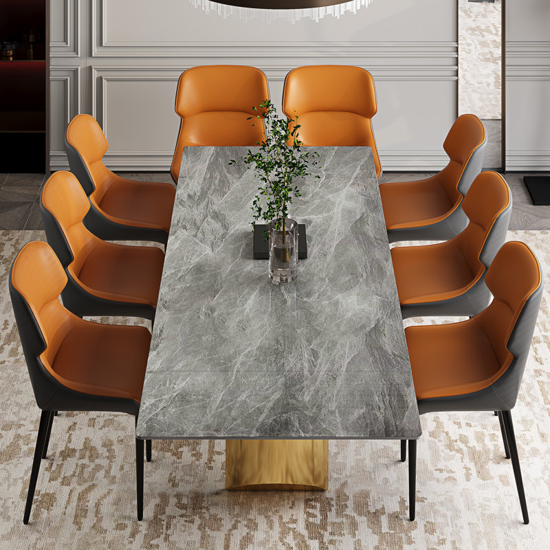 Table de salle à manger extensible de 63 à 94,5 po Subrati avec plateau en pierre frittée et base en acier inoxydable pour 8-10 po