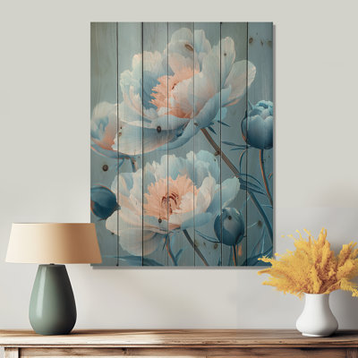 Fleurs de pivoines bleues I - Art mural en bois pivoines - sur bois de pin naturel