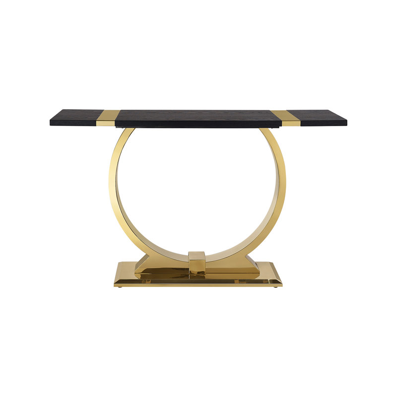 Table d'appoint en acier inoxydable, bois composite et acier, monobloc, noir et or, piètement à tréteaux et plateau rectangulaire