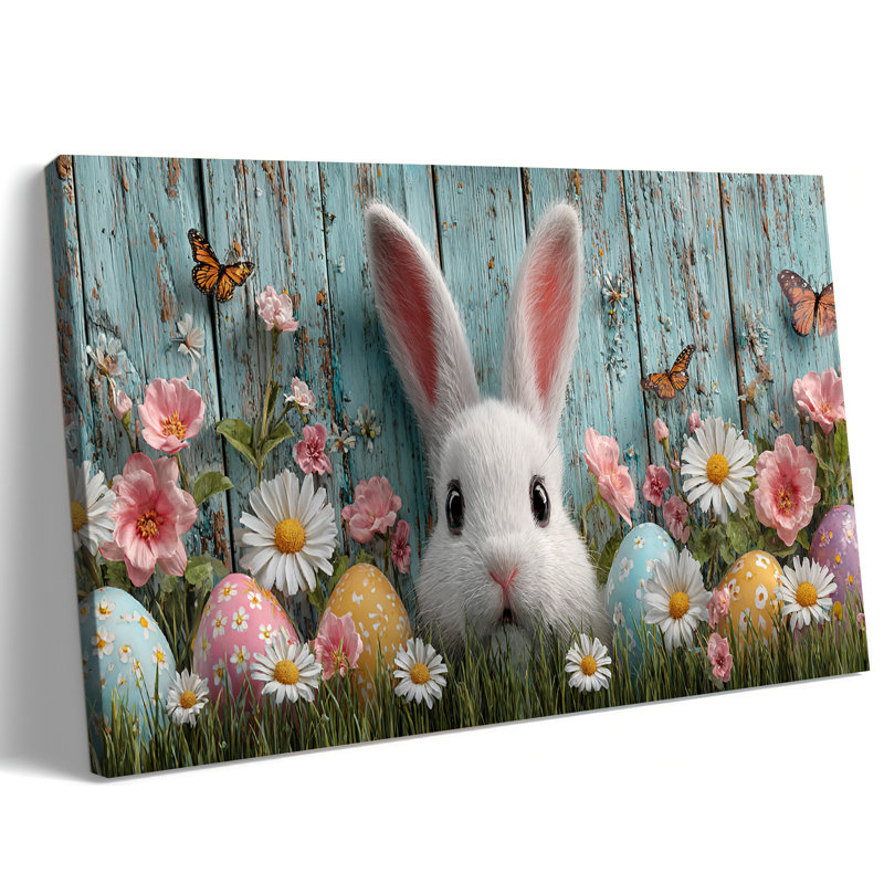  Image de toile de lapin de Pâques, décoration de style lapin de printemps de style rustique, peinture vibrante des œufs de Pâques, décoration murale charmante de lapin, art mural inspirant pour le salon, 24 x 36 po