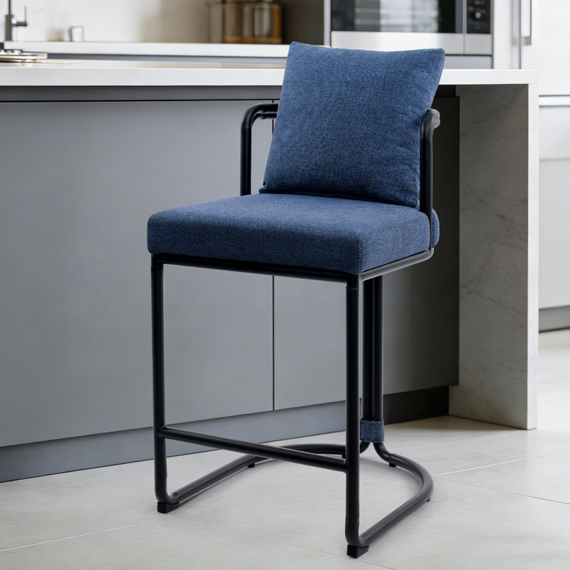 26'' Boucle Counter Stools With Backrest & Metal Frame, Modern Upholstered Bar Chairs For Kitchen Island, Blue