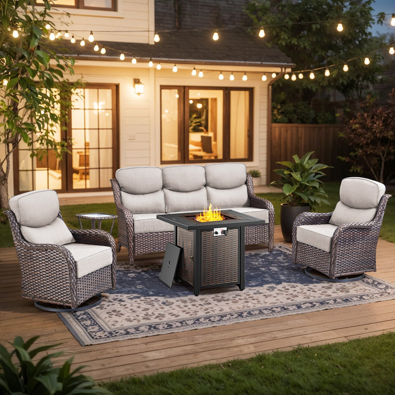 Polygala 5-Piece All-Weather Outdoor Wicker Patio Square Metal Fire Pit Table Conversation Set With Swivel Gliders And Side Table