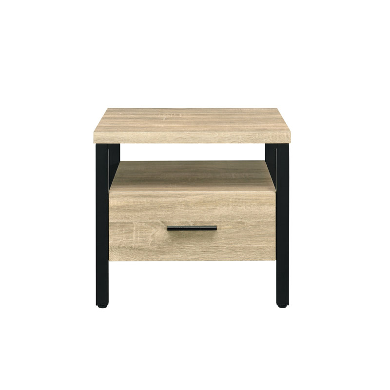 Oak & Black Accent Table, Metal Legged, 1 Storage Drawer And Open Shelf Table In Black, Compartment Unit