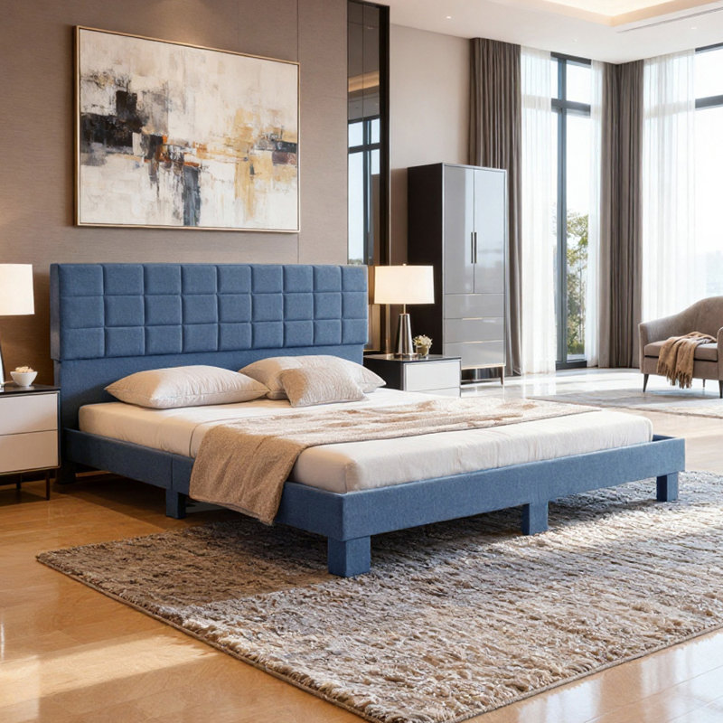 Lit plateforme tapissier, Bleu, Lin