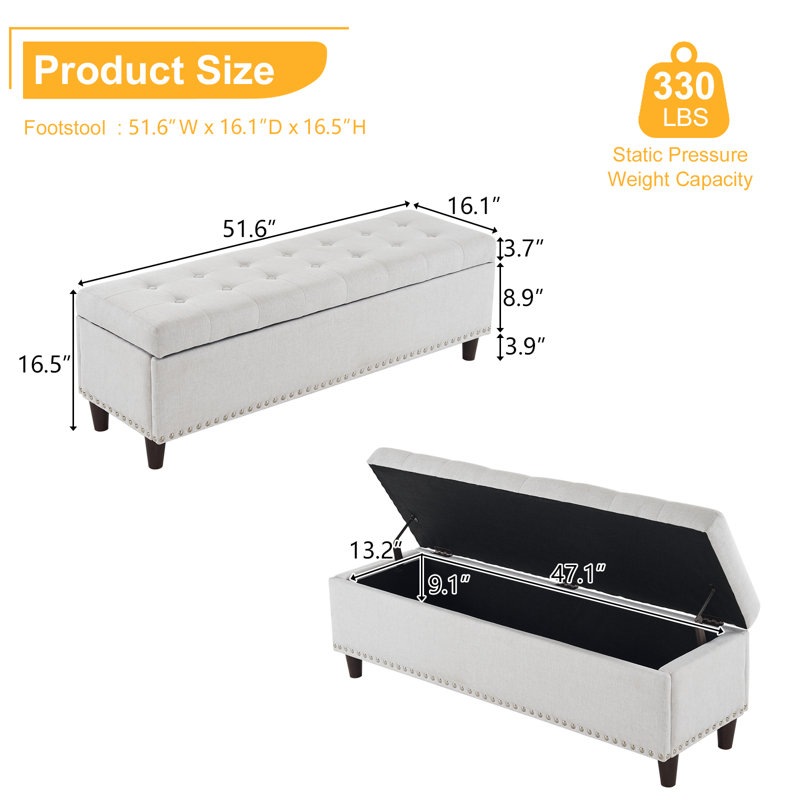 Amelda Upholstered Storage Bench, Beige 100% Linen