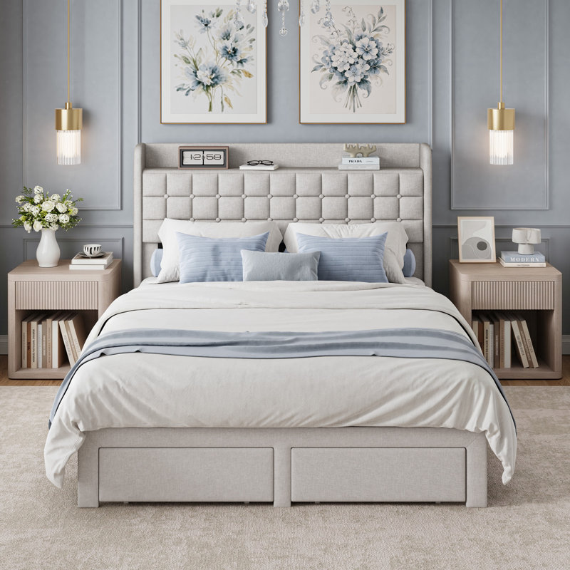 Ensemble de chambre à coucher 3 pièces avec lit plateforme et 2 tables de chevet cannelées, Beige, Queen