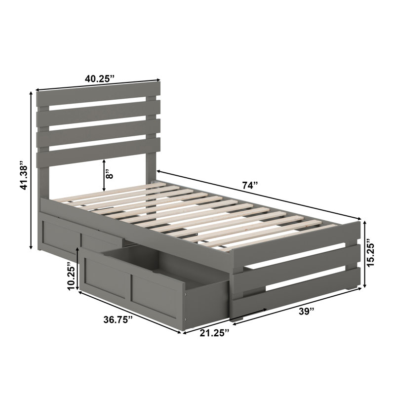 Lit plateforme avec rangement en bois massif Bridport, Gris, Simple