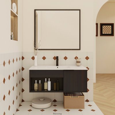 Meuble-lavabo flottant mural en chêne foncé 36 po avec lavabo en céramique, tablette ouverte et porte à fermeture en douceur 36 po