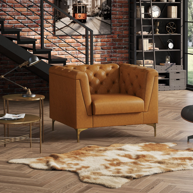 Chaise Chesterfield en similicuir rembourré avec pieds en métal doré, 29,9 po H x 40 po L x 34,2 po P, Similicuir brun, Doré