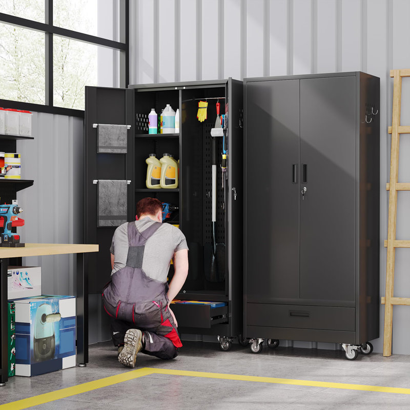 31.5 In Wide Garage Storage Cabinet With Wheels, Metal Storage Cabinet With 1 Drawer And 3 Adjustable Shelves For Home Offices, Gyms And Pantries, Black
