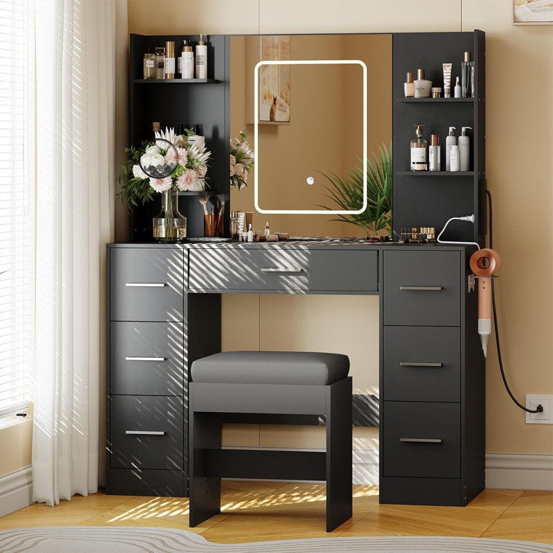 Vanity Desk with Mirror, Led Lights and Power Outlet, Makeup Vanity Table with Chair, 3 Color Lights & Brightness Adjustable, Hair Dryer Rack, 7 Drawers, Dressing Table for Bedroom