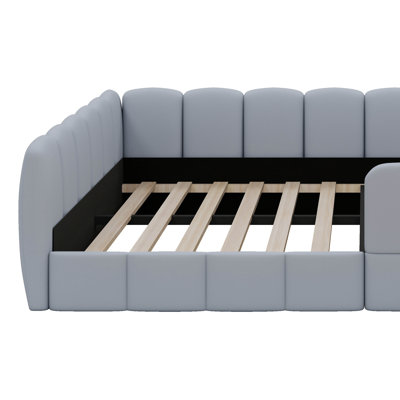 Velvet Upholstered Floor Bed, Low-Profile Platform Bed With Guardrails For Boys & Girls