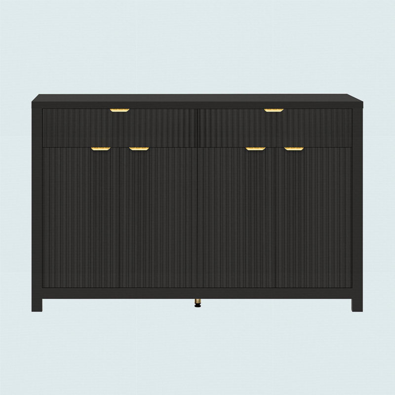 Modern Wave-Pattern Sideboard Cabinet With 2 Drawers And 4 Doors, 3-Level Adjustable Shelves, Black