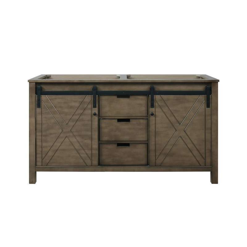 60 po Large, brun rustique, meuble-lavabo double, mécanisme de fermeture en douceur, tiroirs, deux armoires, trois tablettes ouvertes, bois massif, contreplaqué E0, prêt à être installé