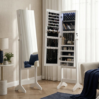 Full-Length Jewelry Armoire Cabinet with Auto On LED Lights, 4 Adjustable Angle Mirror, White