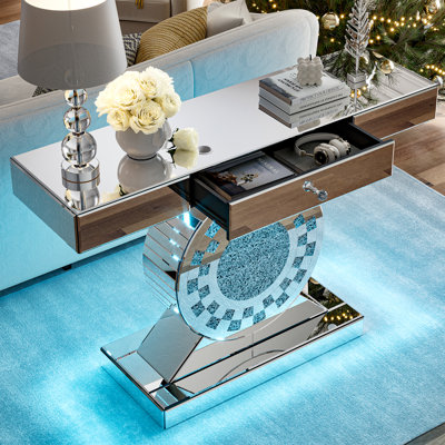 47.2'' Mirrored Console Table with LED Light, Silver Mirrored Entryway Table with Storage Drawer, Modern Accent Sofa Table for Living Room, Hallway and Entrance