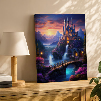 Canvas A Majestic Fantasy Landscape Featuring A Grand Castle Perched Atop Wall Art A Rocky Cliff Surrounded By Vibrant Purple And Pink Canvas Wall Art