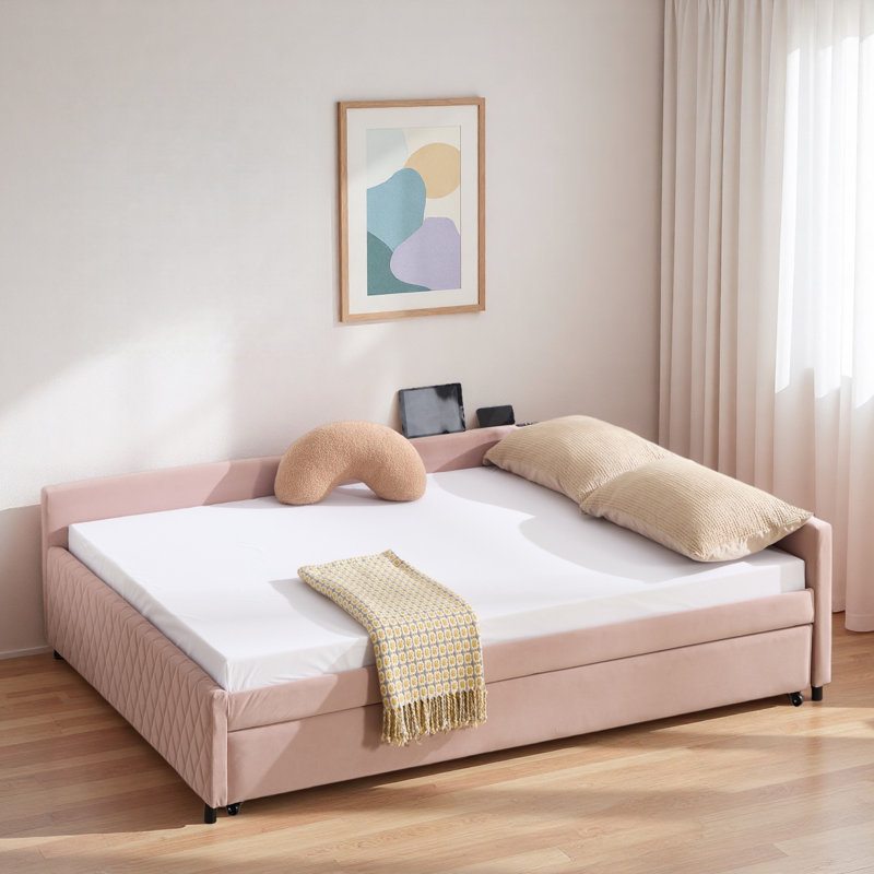 Upholstered Daybed With Trundle And Usb, Pink