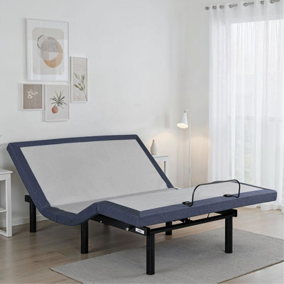 Très grand lit réglable, mouvement complet de la tête et des pieds, rappel par touche unique, mémoire programmable, télécommande avec lampe de poche intégrée, robuste, pli central, 3 réglages de pieds, acier bleu-gris