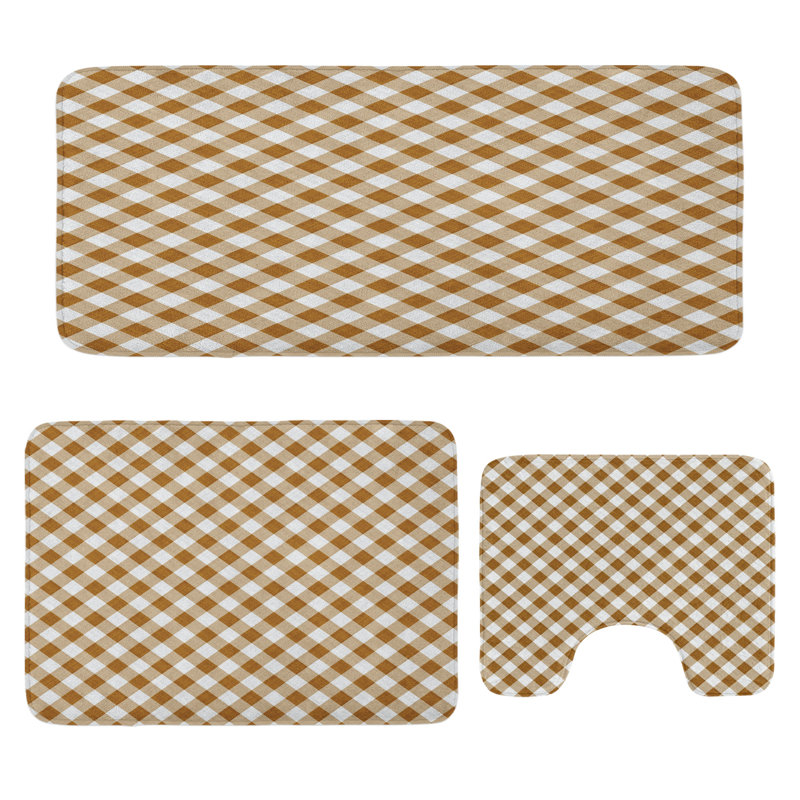 Ensemble de tapis de salle de bain brun 3 pièces en U et rectangulaires caramel blanc et brun clair